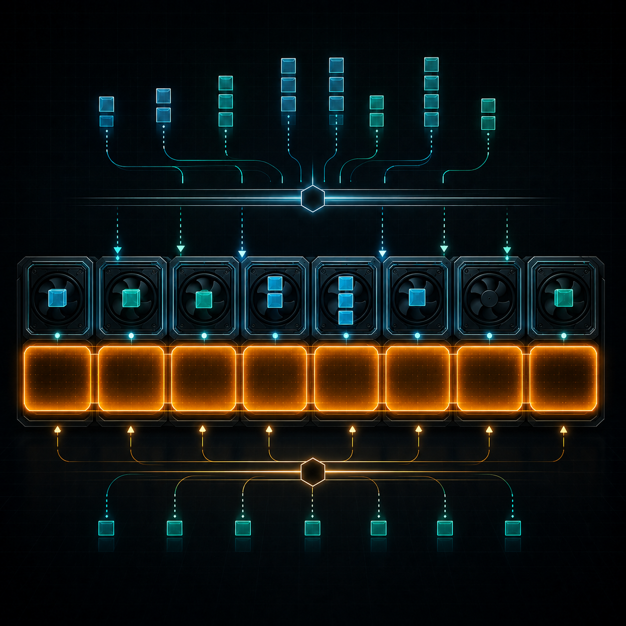 Eight GPU tiles with small teal allocations and an all-GPU amber allocation